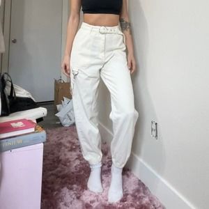 Belted Cargo Cream/White Pants with Chain